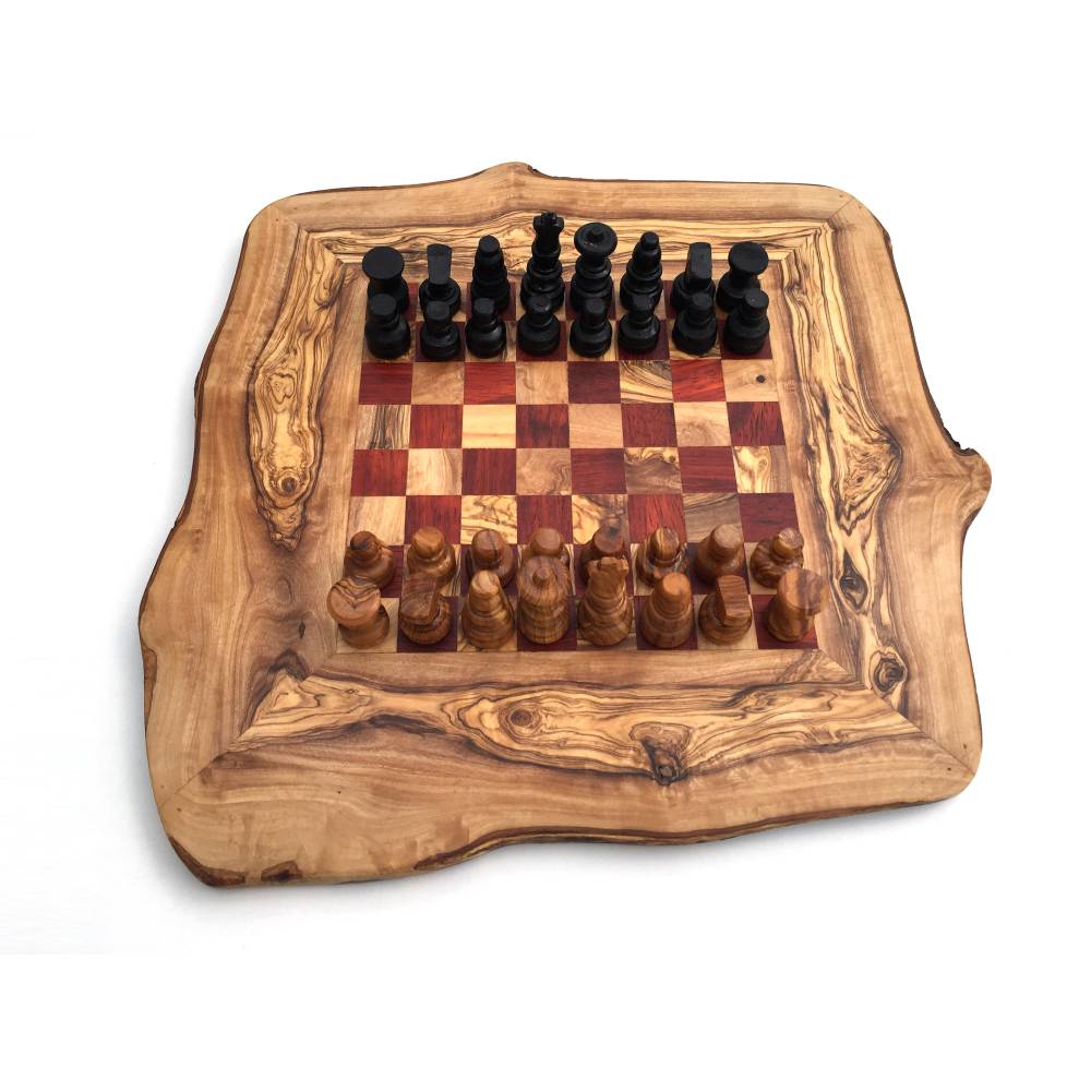 Schach mit Figuren rustikal aus Olivenholz 45 x 45cm,Schachspiel Schachfigur 