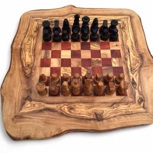 Schachspiel rustikal, Schachbrett Gr. M inkl. Schachfiguren, aus Olivenholz, in Handarbeit, Geschenk. Bild 1
