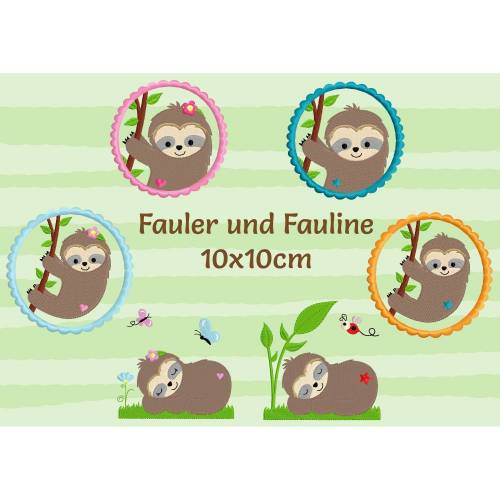 digitale Datei,Stickmuster, Stickdatei Faultier, Stickdatei Fauler und Fauline 10x10cm