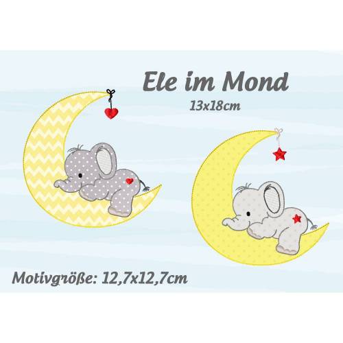 Digitales Stickmuster ,Stickdatei Doodle Ele im Mond 13x18cm