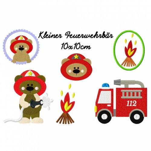 Stickdatei, digitale Stickdatei,Stickdateien Kl.Feuerwehrbär 10x10cm