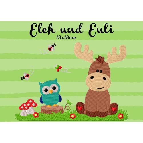 Digitales Stickmuster ,Stickdatei Elch, Elch und Euli 13x18cm