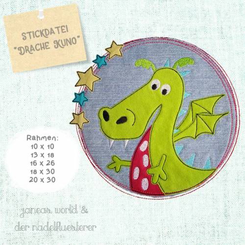 Digitale Stickdatei Janeas World Drache Kuno 10x10 - 20x30 cm (4x4 - 8x12") Stickrahmen