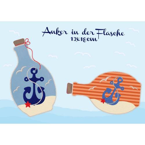 Stickdatei, digitale Datei Anker in der Flasche 13x18cm