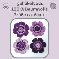 4 Häkelblumen, 6 cm, in verschiedenen Lilatönen - Handgearbeitete Blumenapplikationen aus 100% Baumwolle Bild 6