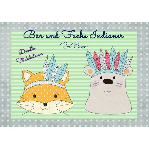 Stickmuster, digitale Datei, Stickdatei Doodle Bär und Fuchs Indianer 13x18cm
