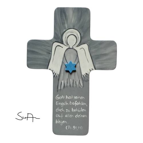 Schutzengelkreuz grau blau Taufkreuz, Kinderkreuz Geschenk zur Taufe / Geburt