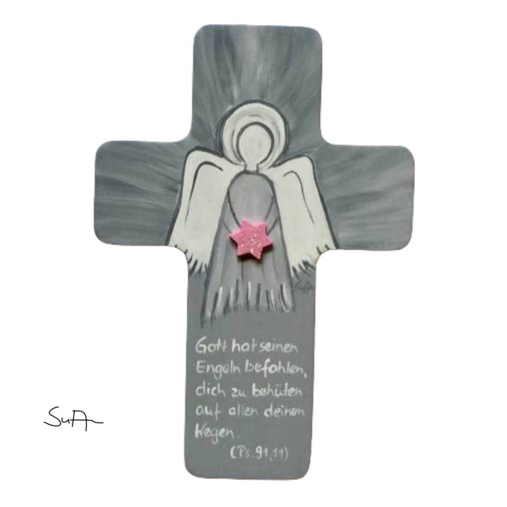 Kinder Holzkreuz Schutzengel zur Geburt Mädchen 15 cm Geschenkverpackung 