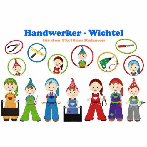 Stickdatei Wichtel,digitale Datei,Stickdatei Handwerker-Wichtel 13x18