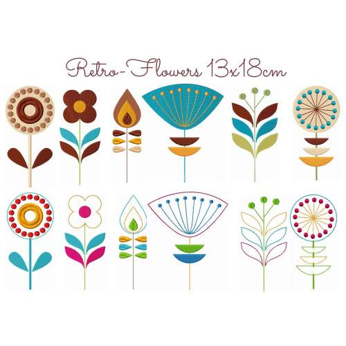 Stickdatei Blumen, digitale Datei Retro Flowers 13x18cm