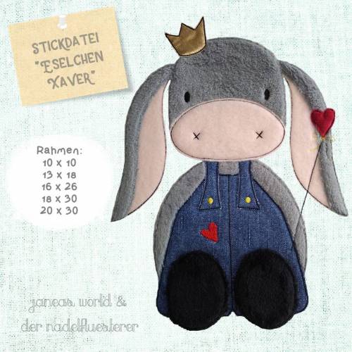Digitale Stickdatei Janeas World Eselchen Xaver 10x10 - 20x30 cm (4x4 - 8x12") Stickrahmen
