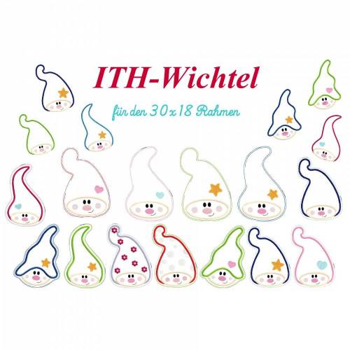 Stickdatei ITH, Stickdatei Wichtel, ITH-Wichtelköpfe 30 x 18