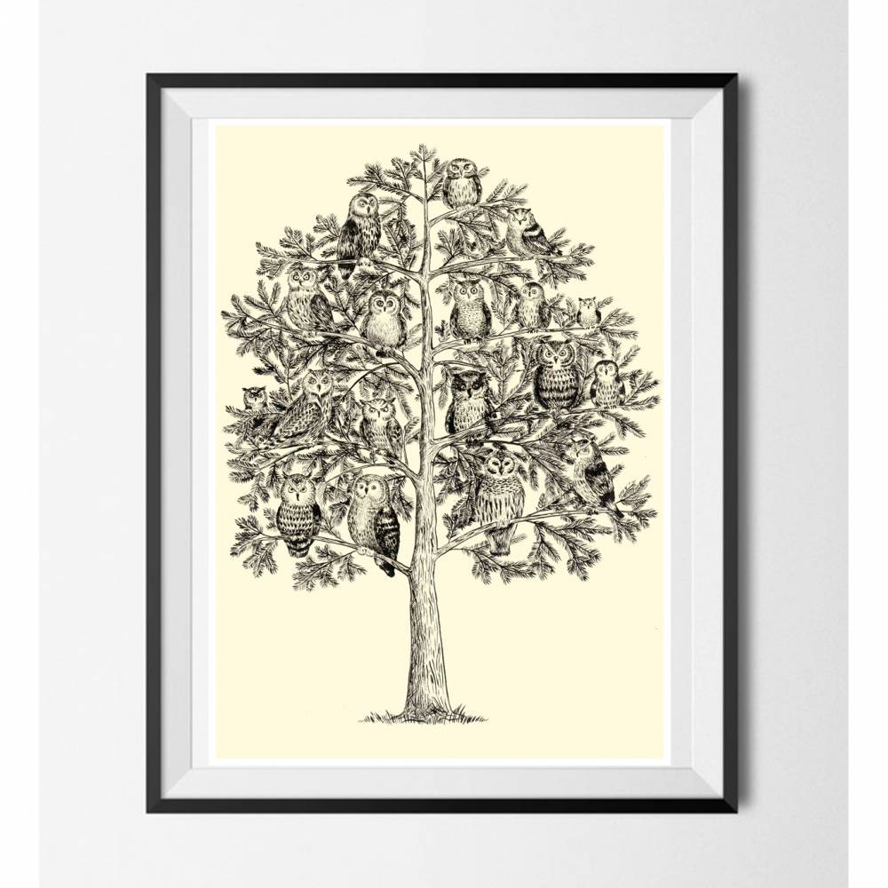 Eulen Poster ☆ Eulen Baum Bild, Digitaldruck A4, 300 g/m2 Bild 1