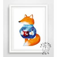 Fuchs Poster, Fuchs mit einer Tasse Tee, kleiner Fuchs Bild, Digitaldruck A4, 300g/m2 Bild 1
