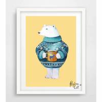 Bären Poster, Eisbär mit einer Tasse Tee, Eisbär Bild, Digitaldruck A4, 250g/m2 Bild 1