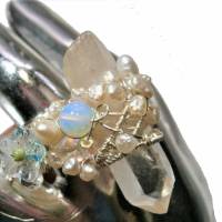 Ring pastell Kristallspitze handgemacht Einzelstück Perlen weiß wirework silberfarben crazy Bild 4
