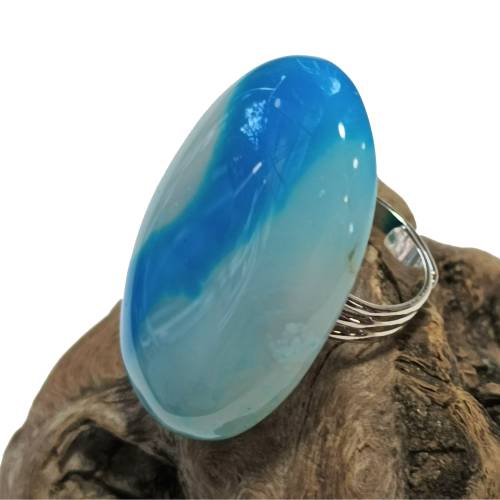 Ring pastell türkis mit 41 x 27 Millimeter Achat Stein Designschmuck blau verstellbare Größe Geschenk für sie