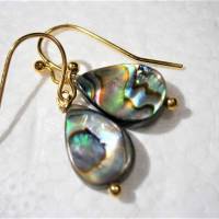 Ohrringe Seeopal kleine Tropfen Abalone 9 x 12 Millimeter als Opal der Meere handgemacht in goldfarben Bild 4
