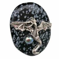 Ring mit Drachen und Perle auf 35 x 45 Millimeter großem Stein Obsidian schwarz grau handgemacht verstellbar Bild 2