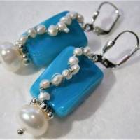 Ohrringe petrol Achat türkis blau Rechteck mit Keshi und Süßwasserzuchtperle weiß an 925er Silber boho chic Bild 2