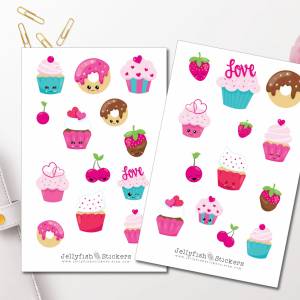 Süße Cupcakes Sticker Set | Aufkleber Bunt | Journal Sticker | Sticker Kawaii | Sticker Süßigkeiten | Sticker Gesichter Bild 1
