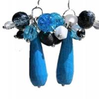 Ohrringe türkis blau handgemacht mit Achat Tropfen an 925er Silber mit weiß und schwarz zum Edelhippy look Bild 1