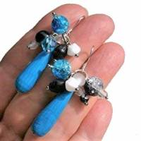 Ohrringe türkis blau handgemacht mit Achat Tropfen an 925er Silber mit weiß und schwarz zum Edelhippy look Bild 2
