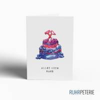 A6 Geburtstagskarte Ruhrpott | Torte aus Kohle blau lila | Allet Gute | Aquarell Zeichnung | Mit Umschlag Personalisiert Bild 1