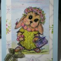 Hasenmädchen mit Kette und Blütenkranz im Frühling Grußkarte als Druck im retro stil Bild 3