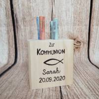 Holz Würfel 10x10cm zur Kommunion mit Fisch Name und Datum als Deko, Geschenk, Geldgeschenk, Geld verschenken Bild 1