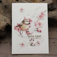 Grußkarte, Glückwunschkarte zum Geburtstag mit Kirschblütenzweig und Vogelmotiv Bild 1