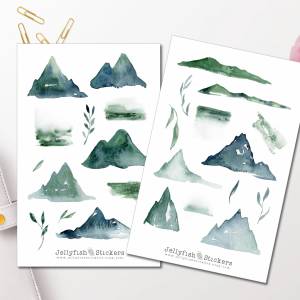 Grüne Berge Sticker Set | Journal Sticker | Planer Sticker | Sticker Gebirge | Aufkleber Natur | Pflanzen, Wandern bulle Bild 1