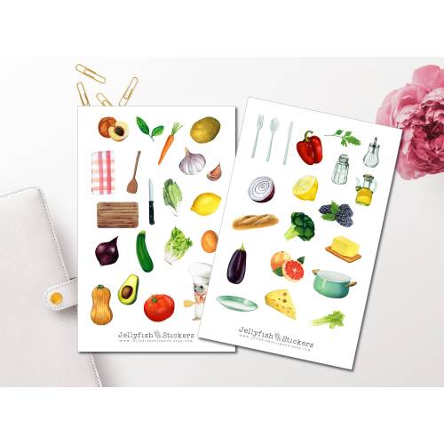 Kochen Sticker Set - Aufkleber Kochbuch, Journal Sticker, Obst und Gemüse Sticker, Bullet Journal Sticker, Sticker Rezep