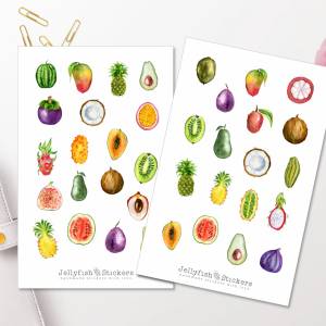 Tropische Früchte Sticker Set - Journal Sticker, Planer Sticker, Obst, Essen, Kochen, Küche, Sommer, Ananas, Avocado, Dr Bild 1
