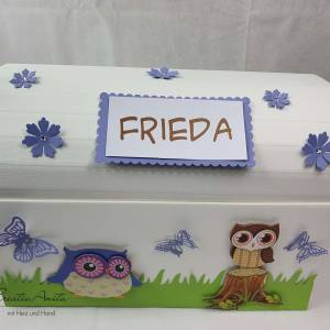 Geburtstagsgeschenk für die Kleinen! Geburtstagsbox - Schulanfang Truhe Schatztruhe EULEN - lila-flieder Schatzkiste Ges Bild 1