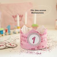 Geburtstagskrone mit Zahlen, Krone für Mädchengeburtstag, Rosa Krone mit wechselbaren Zahlen, Personalisierbare Stoffkro Bild 1