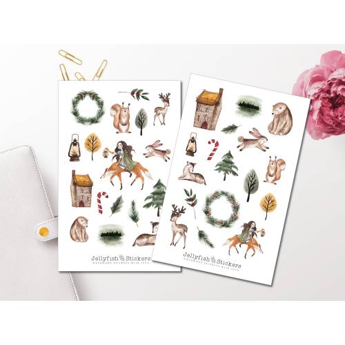 Winter Mädchen und Tiere Sticker Set - Aufkleber, Journal Sticker, Planer Sticker, Sticker Herbst, Waldtiere, Wald, Natu