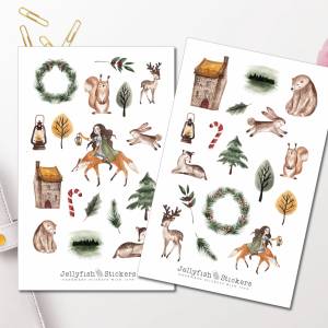 Winter Mädchen und Tiere Sticker Set - Aufkleber, Journal Sticker, Planer Sticker, Sticker Herbst, Waldtiere, Wald, Natu Bild 1