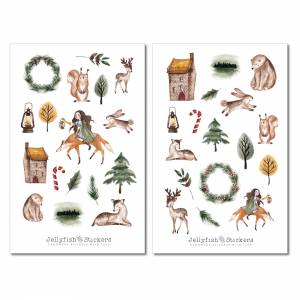 Winter Mädchen und Tiere Sticker Set - Aufkleber, Journal Sticker, Planer Sticker, Sticker Herbst, Waldtiere, Wald, Natu Bild 2