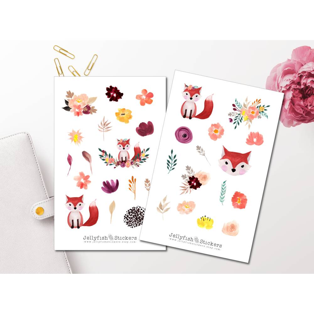 Fuchs Sticker Set | Süße Aufkleber | Journal Sticker | Tiere Sticker | Planer Sticker | Sticker Blumen, floral, Bullet J Bild 1