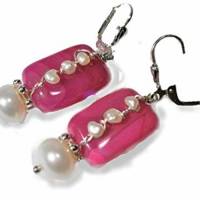 Ohrringe handgefertigt mit pink Achat violett Rechteck mit Keshi und Süßwasserzuchtperle weiß an 925er Silber boho chic Bild 4