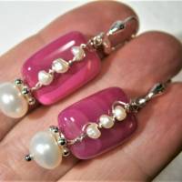 Ohrringe handgefertigt mit pink Achat violett Rechteck mit Keshi und Süßwasserzuchtperle weiß an 925er Silber boho chic Bild 6