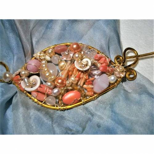 Tuchnadel rosa Perlen Koralle pastell und Rosenquarz 110 x 45 Millimeter Brautschmuck Tuchnadeln goldfarben Geschenk