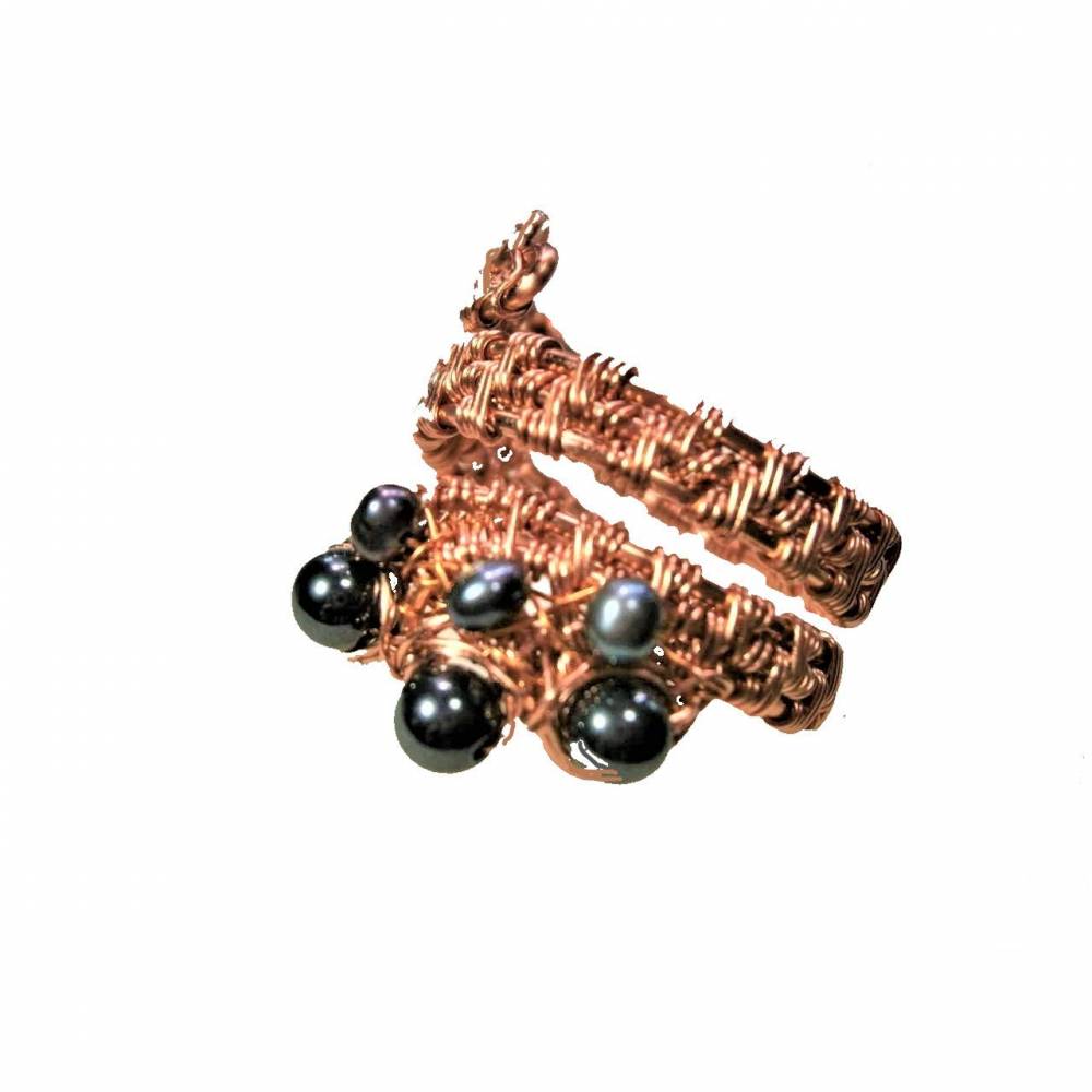 Ring handgewebt mit Keshi Perlen und Hämatit grau metallic in Kupfer wirework Daumenring Bild 1