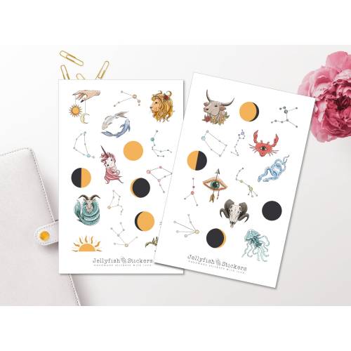Sternzeichen Sticker Set - Aufkleber, Journal Sticker, Planer Sticker, Sterne, Mond, Sonnensystem, Mystisch, Tiere Stick