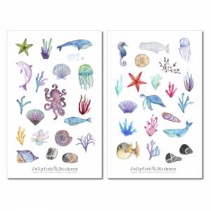 Meerestiere Sticker Set | Aufkleber Meer | Journal Sticker | Sticker Maritim, Muscheln, Strand, Meer, Urlaub, See, Wal, Bild 2