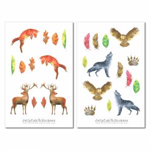 Watercolor Waldtiere Sticker Set - Aufkleber Bunt, Journal Sticker, Sticker Tiere, Sticker Aquarell, Sticker Wald, Papie Bild 2