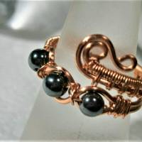 Ring handgemacht mit Hämatit grau metallic im Spiralring Paisley Kupfer rosegoldfarben wirework Daumenring Bild 5