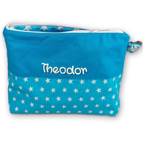 Kulturbeutel 21x16cm Sterne türkis mit Namen für Mädchen Kulturtasche Beauty Bag Waschtasche Kosmetiktäschchen