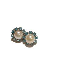 Ohrstecker handgemacht weiße Perle in glitzerndem blau Perlenohrringe pastell als Brautschmuck Bild 3